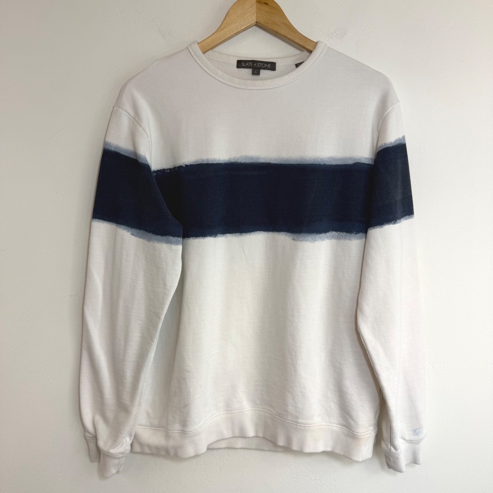Slate & Stone Crew Neck Sweatshirt White Navy Blue Stripe French Terry Coastal L